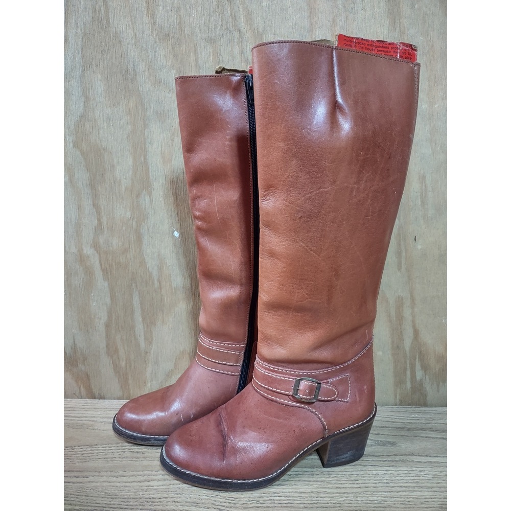 Thom McAn Vintage Brown Leather Knee High Boots Buckle Stacked Heel Brazil 6.5B
